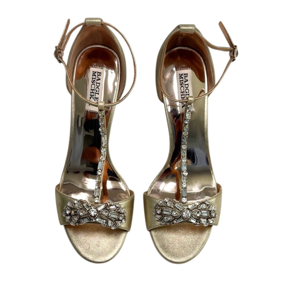 Badgley Mischka Women's Pascale II Rhinestone Gold Leather T-Strap Heels